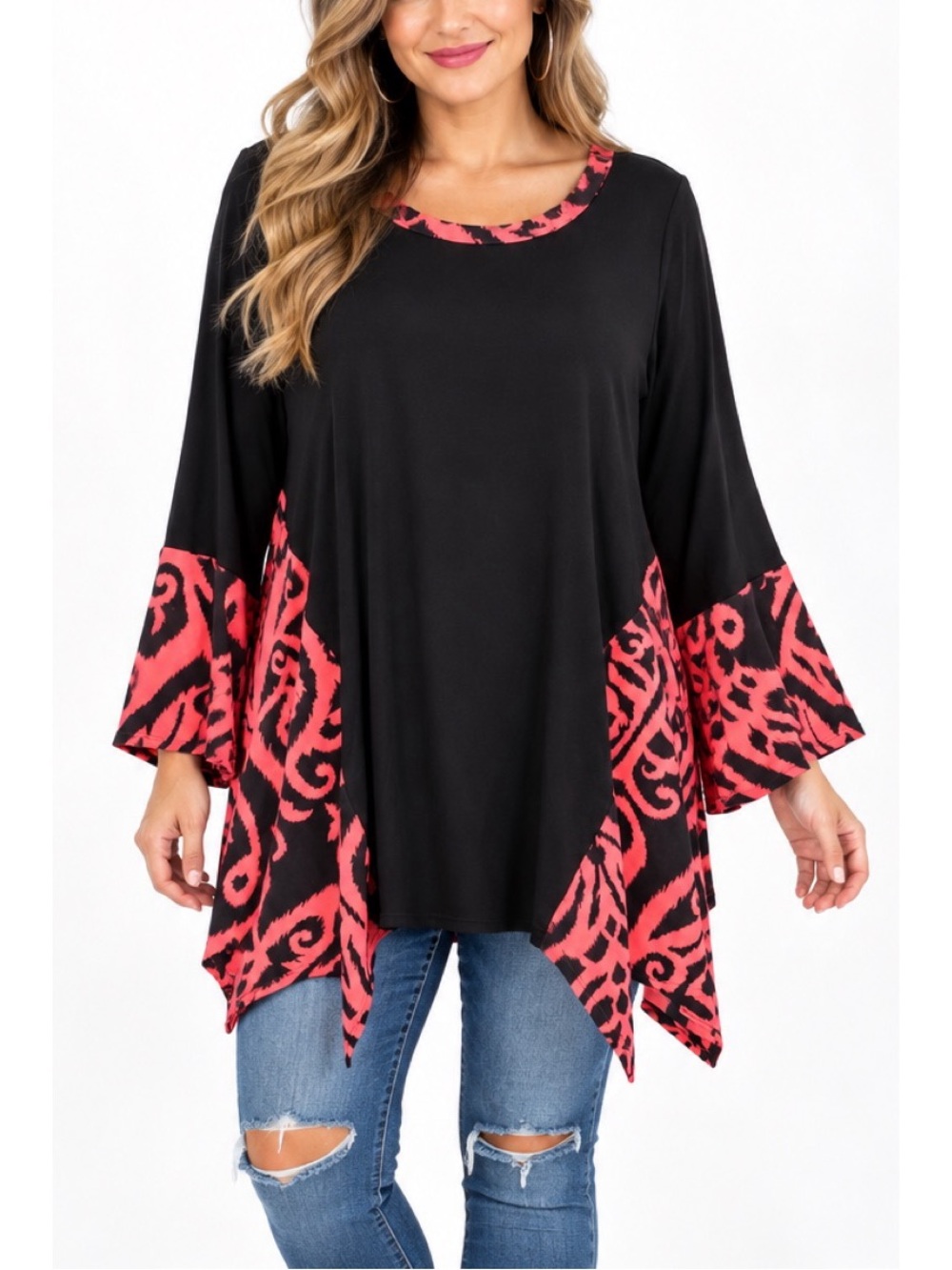 Voll Black & Coral Pink Printed Tunic Top- size Large